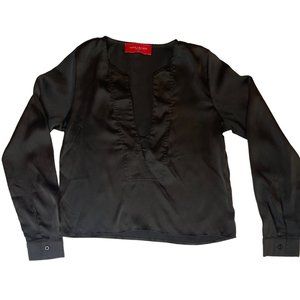 Akira Chicago Red Label Cropped Long Sleeve V-neck Blouse Black Women Sz SM